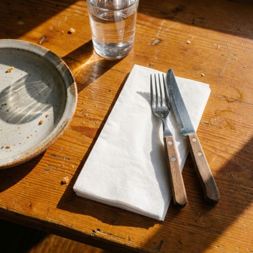 easipac white 2 ply 40cm restaurant napkin on a restaurant table