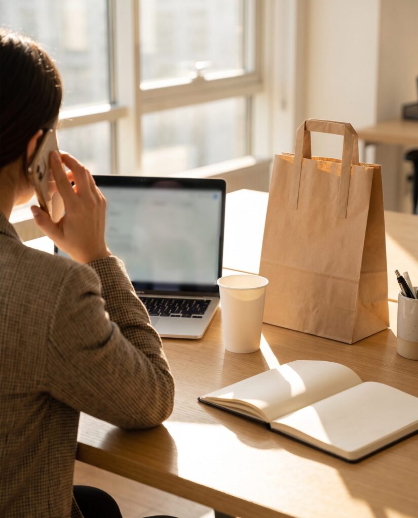 A business owner on the phone at a desk with a takeaway bag and coffee cup