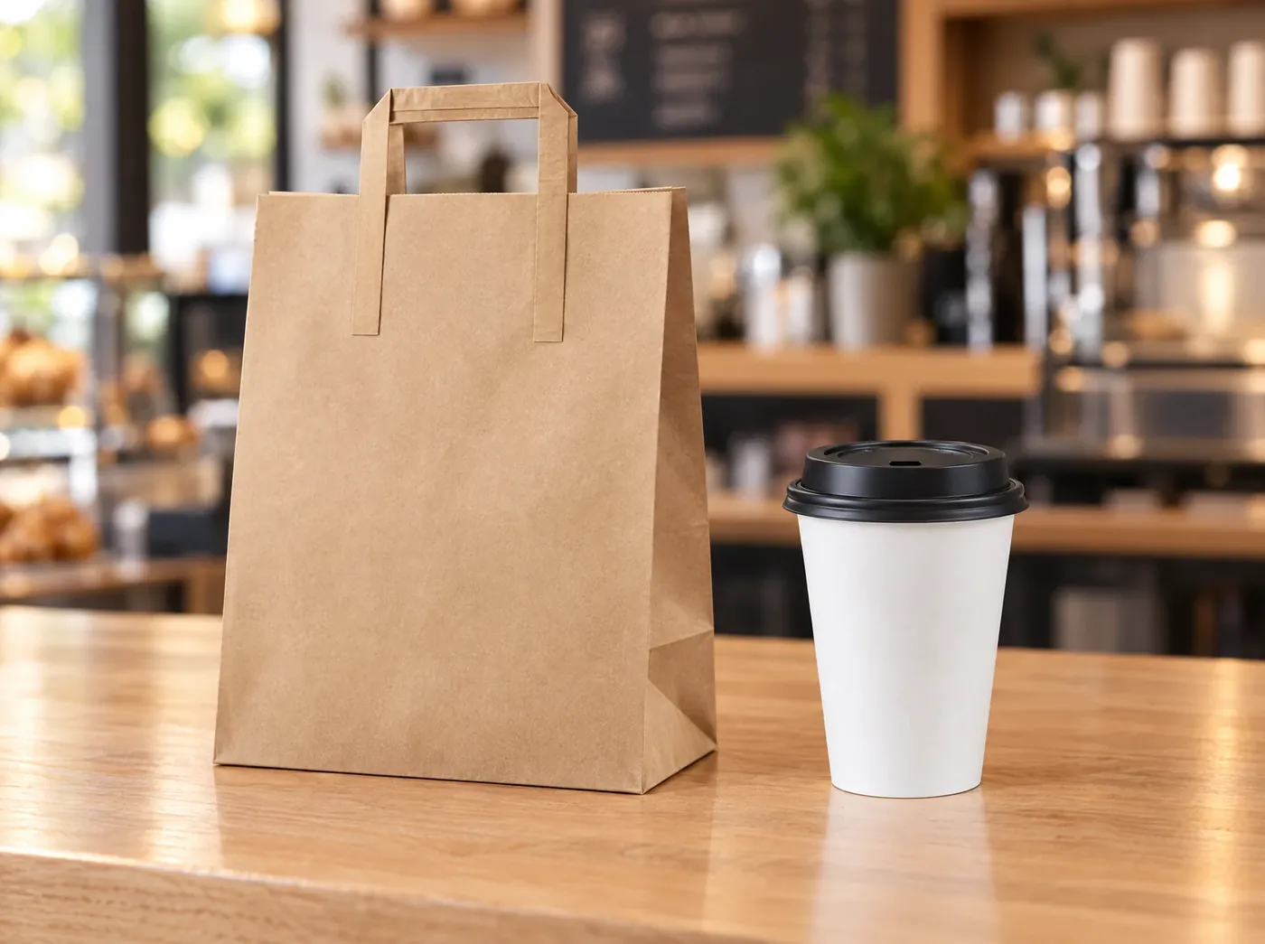 A plain kraft takeaway bag and white hot cup on a cafe counter