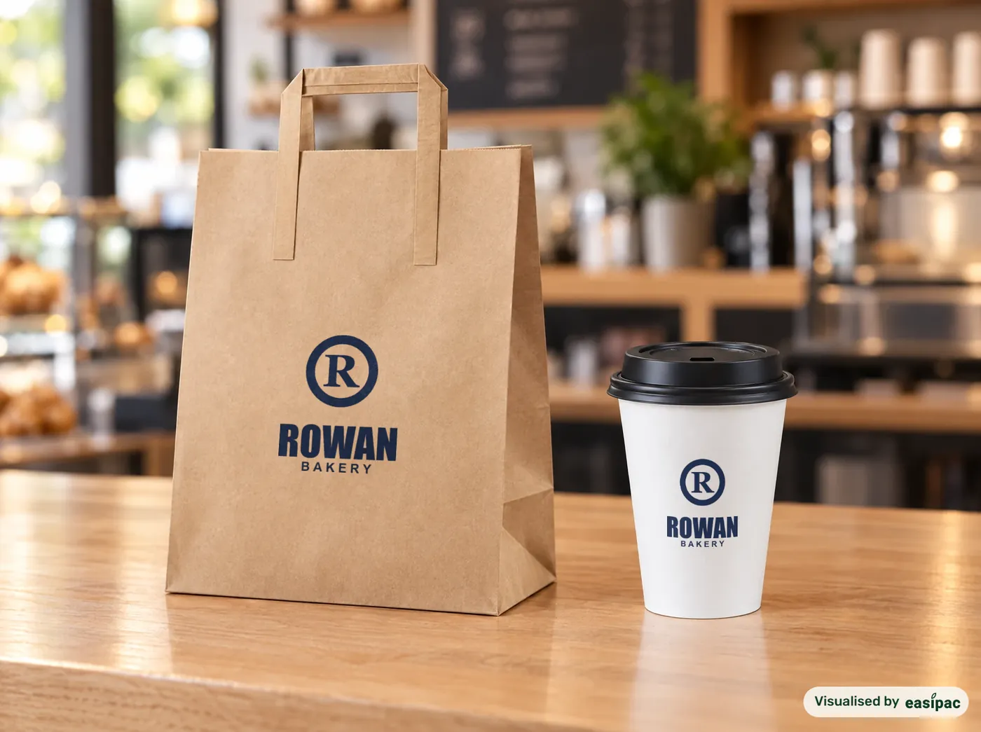 The same bag and cup printed with a sample logo, Rowan Bakery