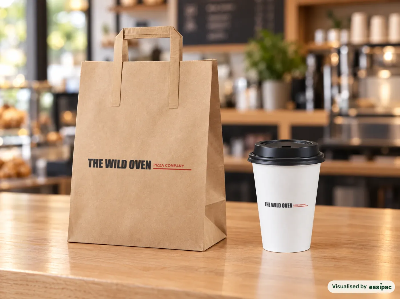 The same bag and cup printed with a sample logo, The Wild Oven