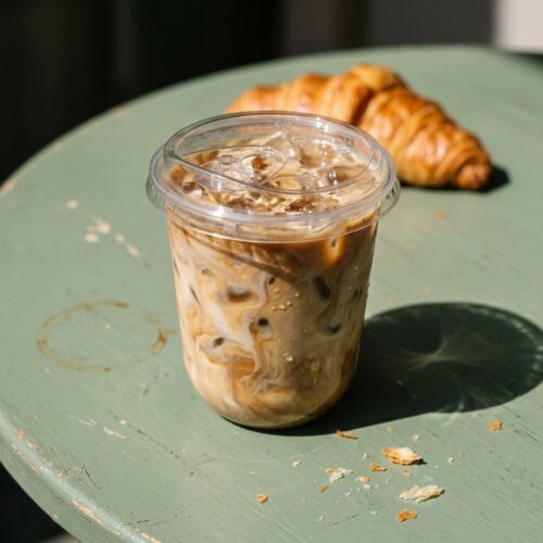 Iced latte in an easipac U Clear Cup with a Sip Lid on a cafe table