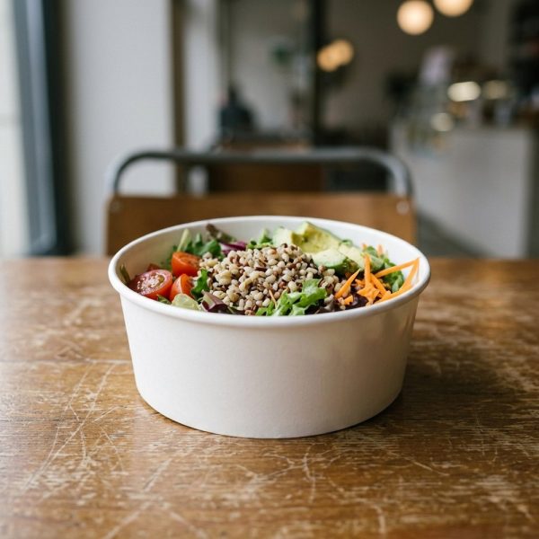 easipac white food bowl filled with fresh salad on a cafe table